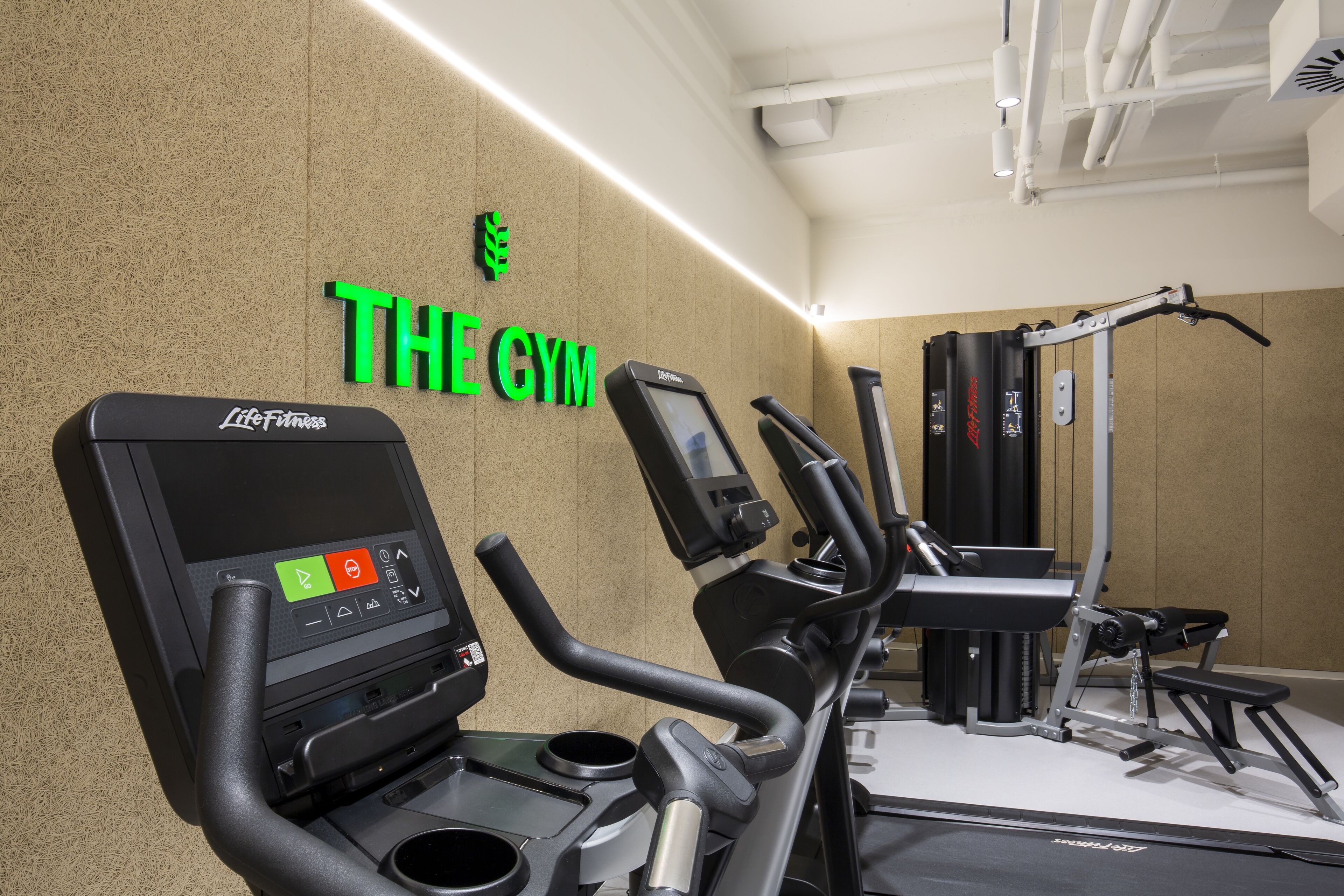 A gym with exercise equipment, including treadmills and weight machines.