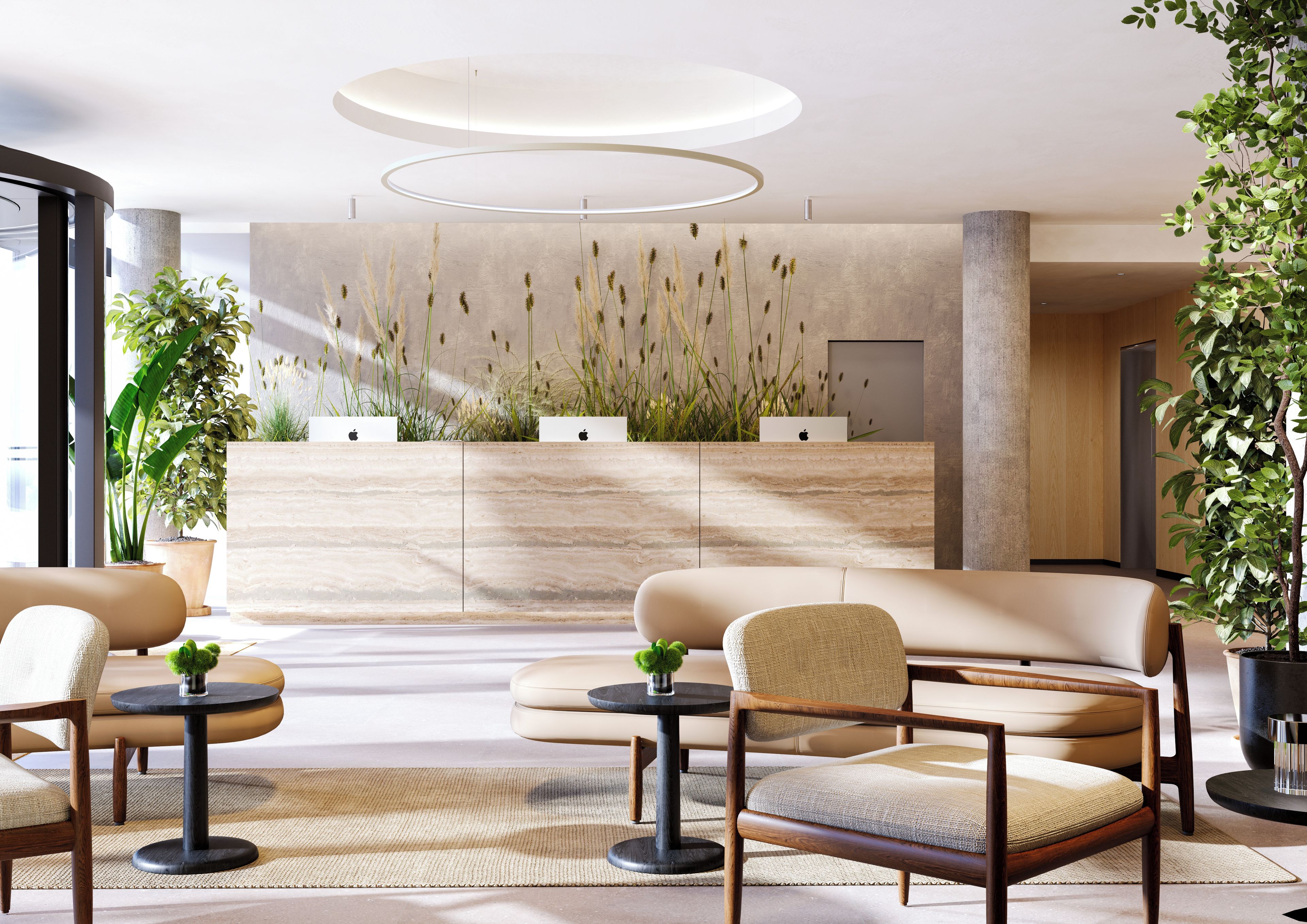 Un vestíbulo moderno con mostrador de recepción, zona de estar y plantas decorativas.
