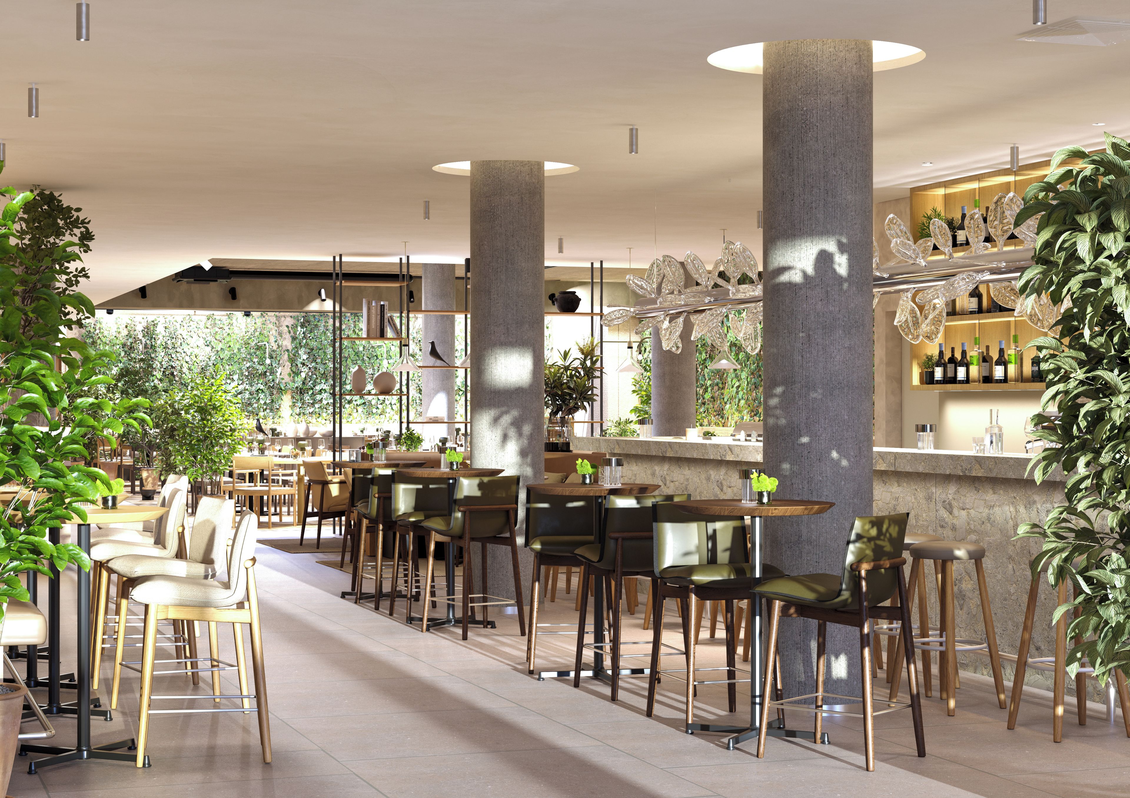 Un interior moderno con techos altos, grandes columnas y una zona de bar con estantes llenos de botellas.