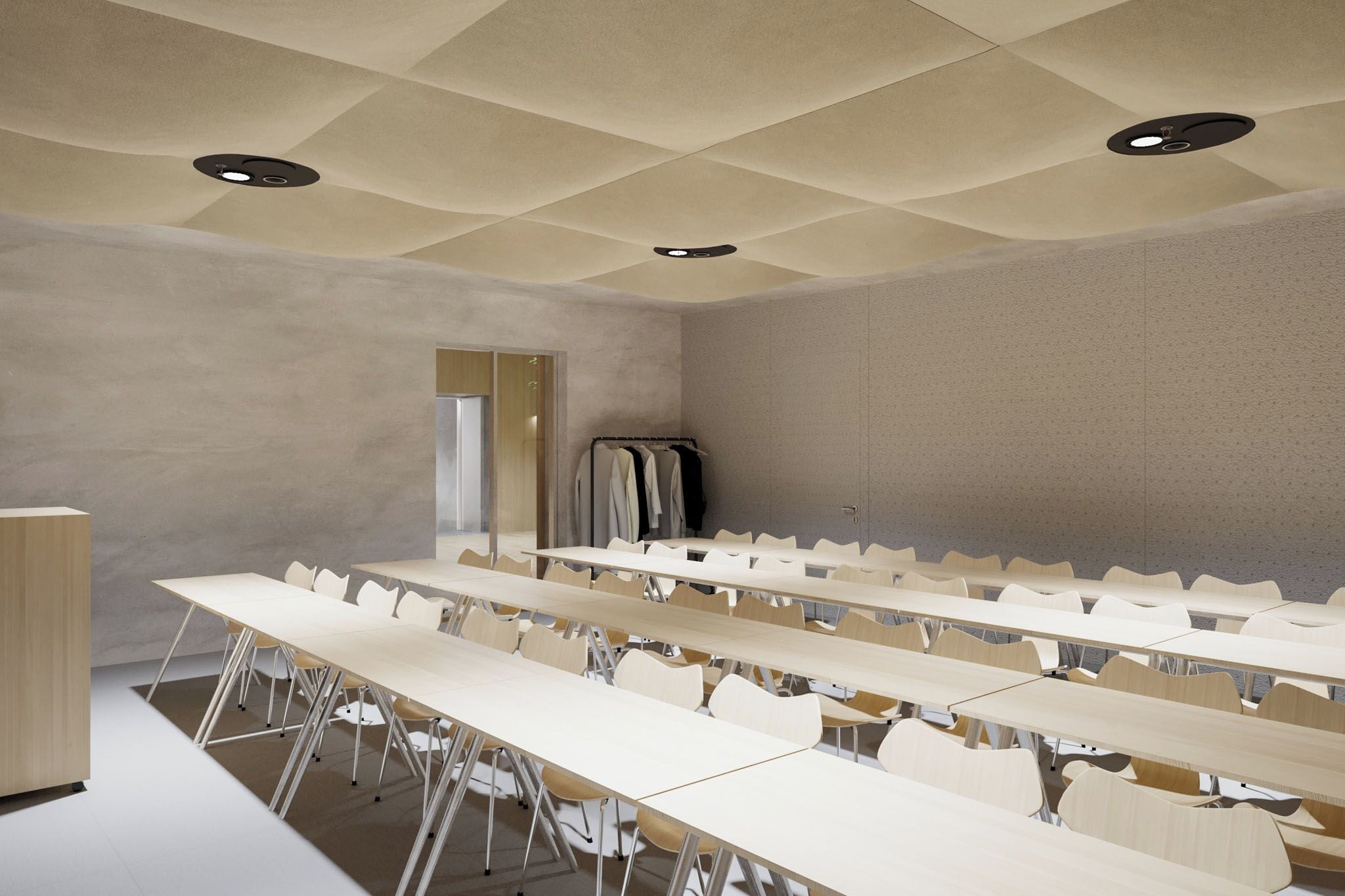 A conference room with multiple tables and chairs, a wardrobe, and a door.