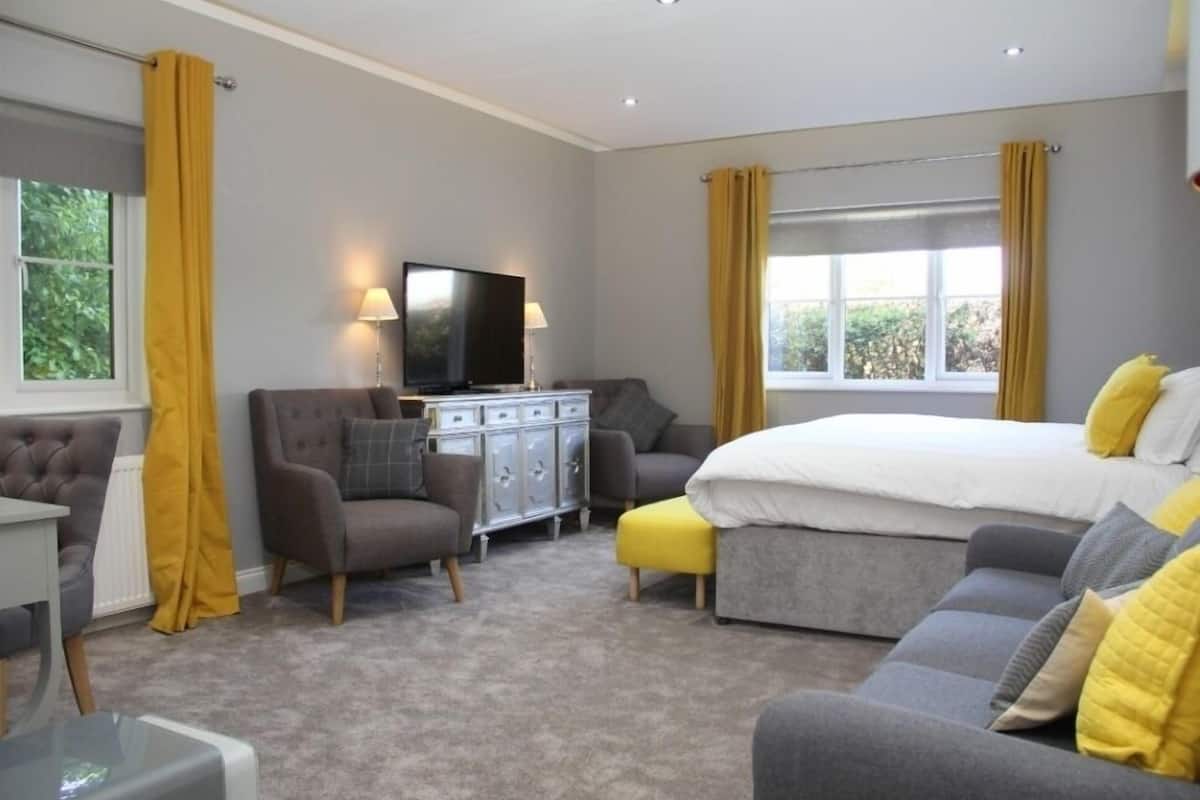 A modern bedroom with a large bed, a TV, a desk, and a sofa.