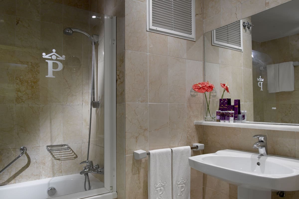 combined shower/bathtub, free toiletries, hair dryer, bidet