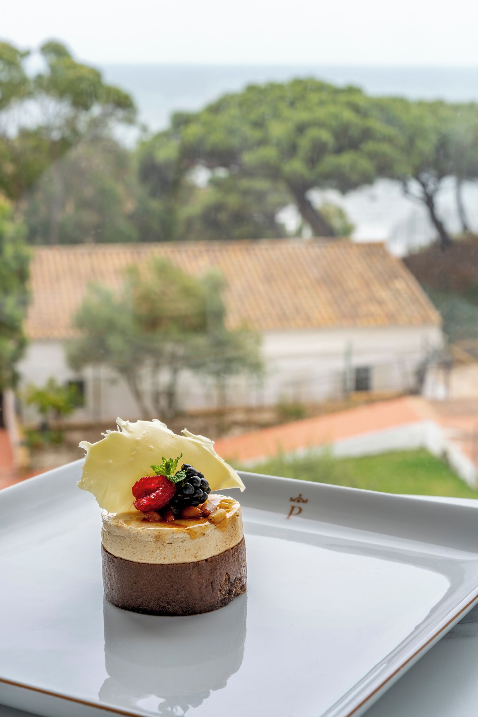 A dessert on a white plate with a scenic view of a coastal area in the background.