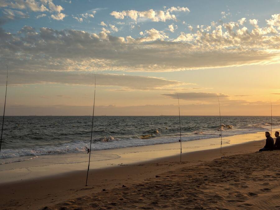 A beach with fishing rods set up and two people sitting on the sand.