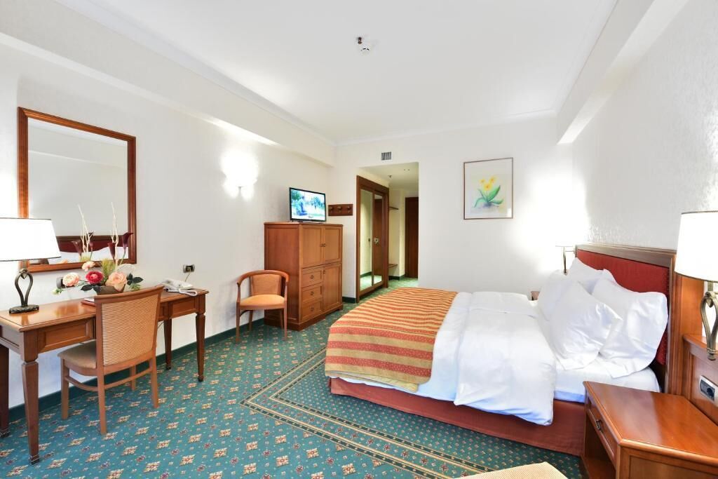 A hotel room with a bed, a desk, a chair, a television, and a mirror.