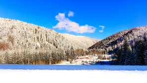Un paysage montagneux enneigé avec un petit village situé dans la vallée.