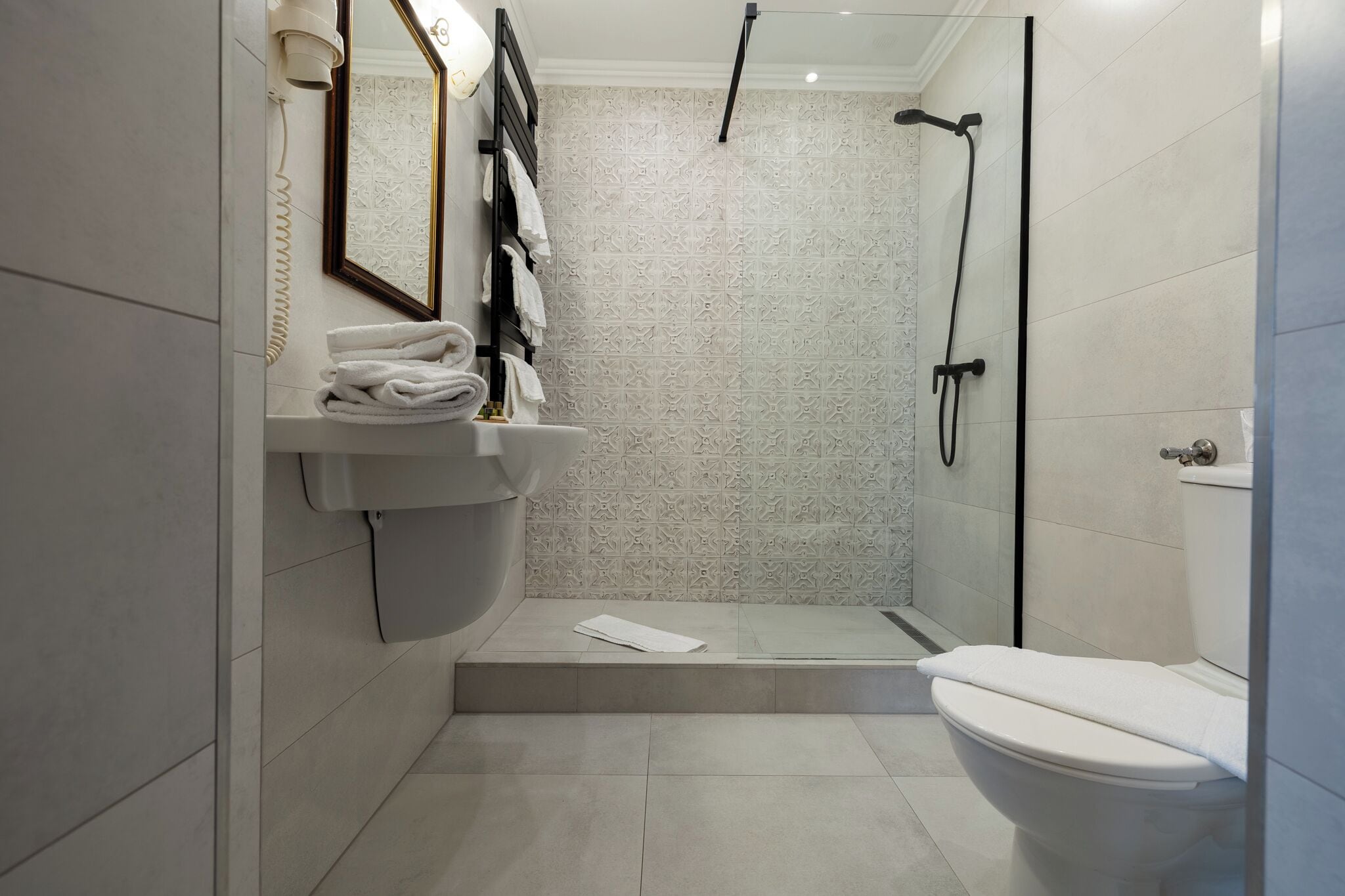 A modern bathroom with a glass shower enclosure, a white sink, and a toilet.