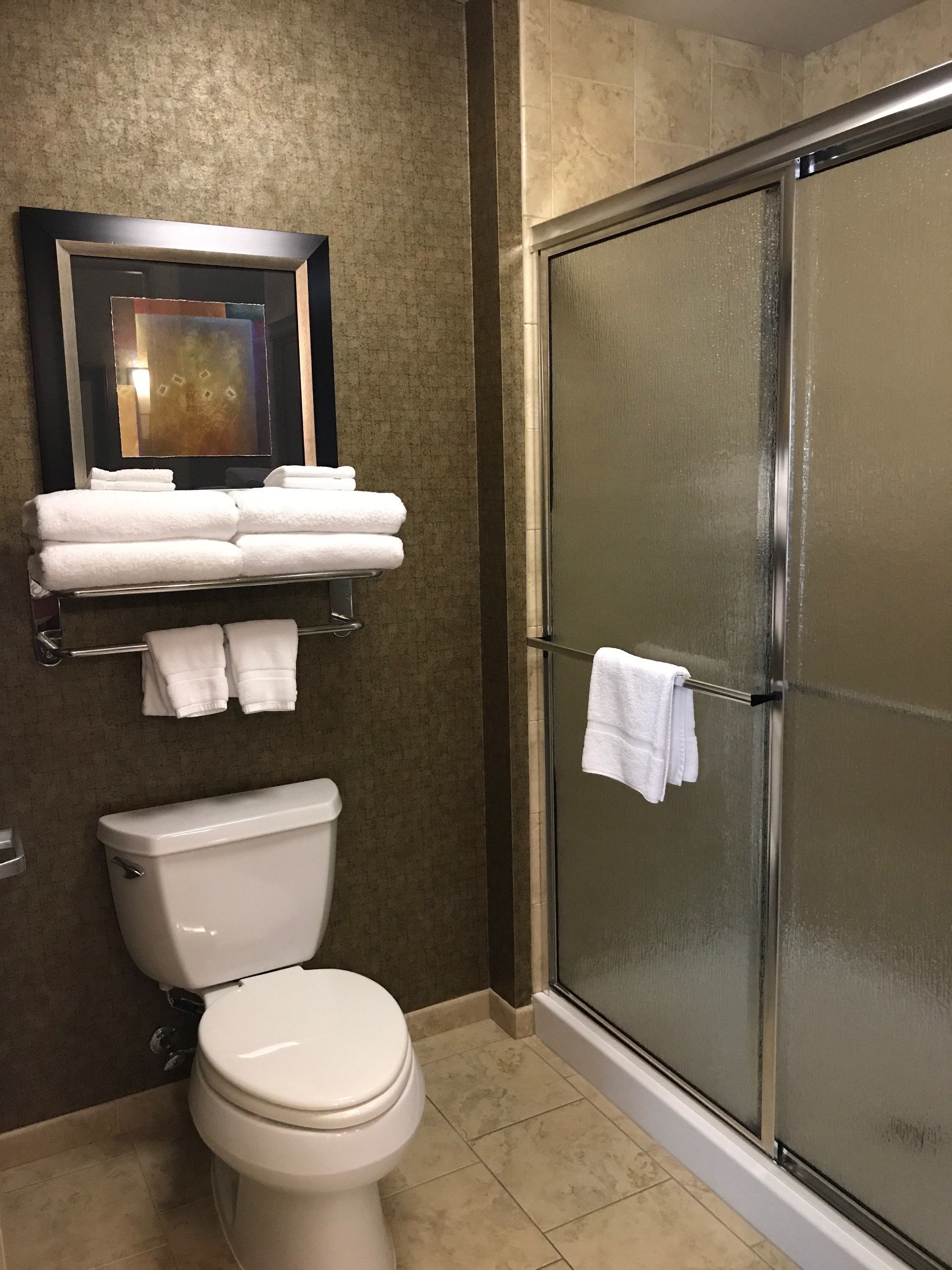A bathroom with a toilet, a glass shower enclosure, and a towel rack with folded towels.