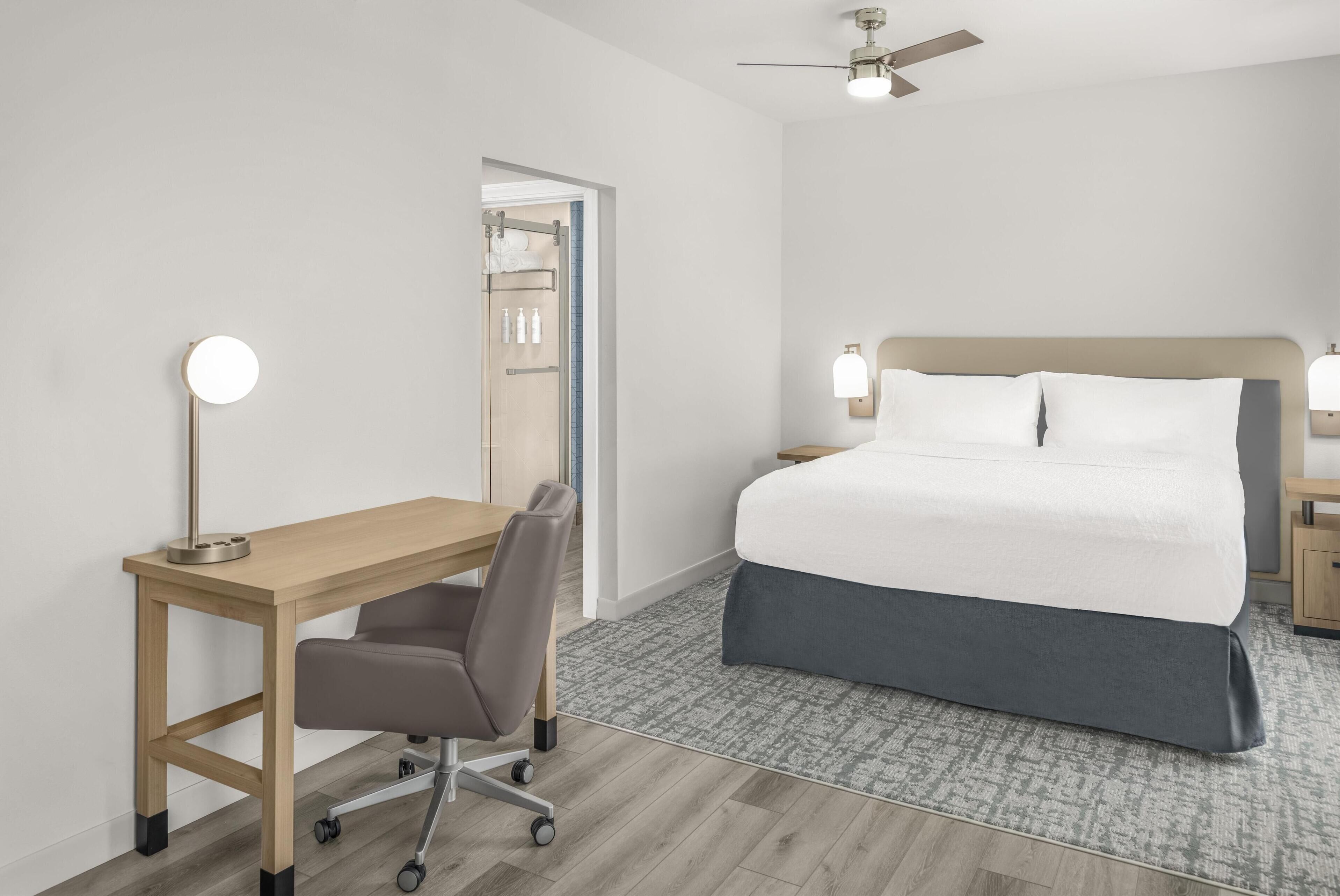 1 bedroom, hypo-allergenic bedding, desk, blackout curtains