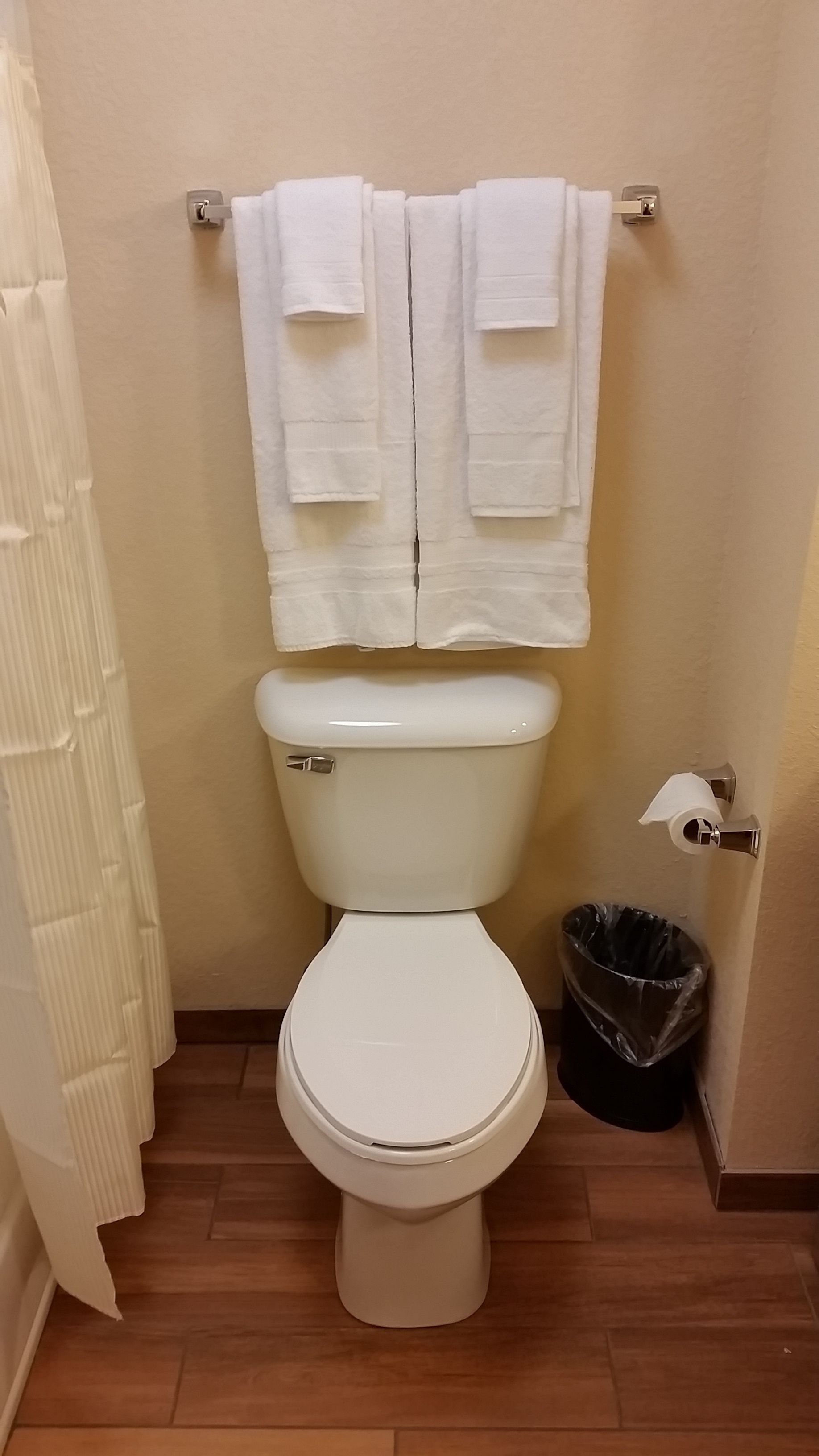 combined shower/bathtub, free toiletries, hair dryer, towels