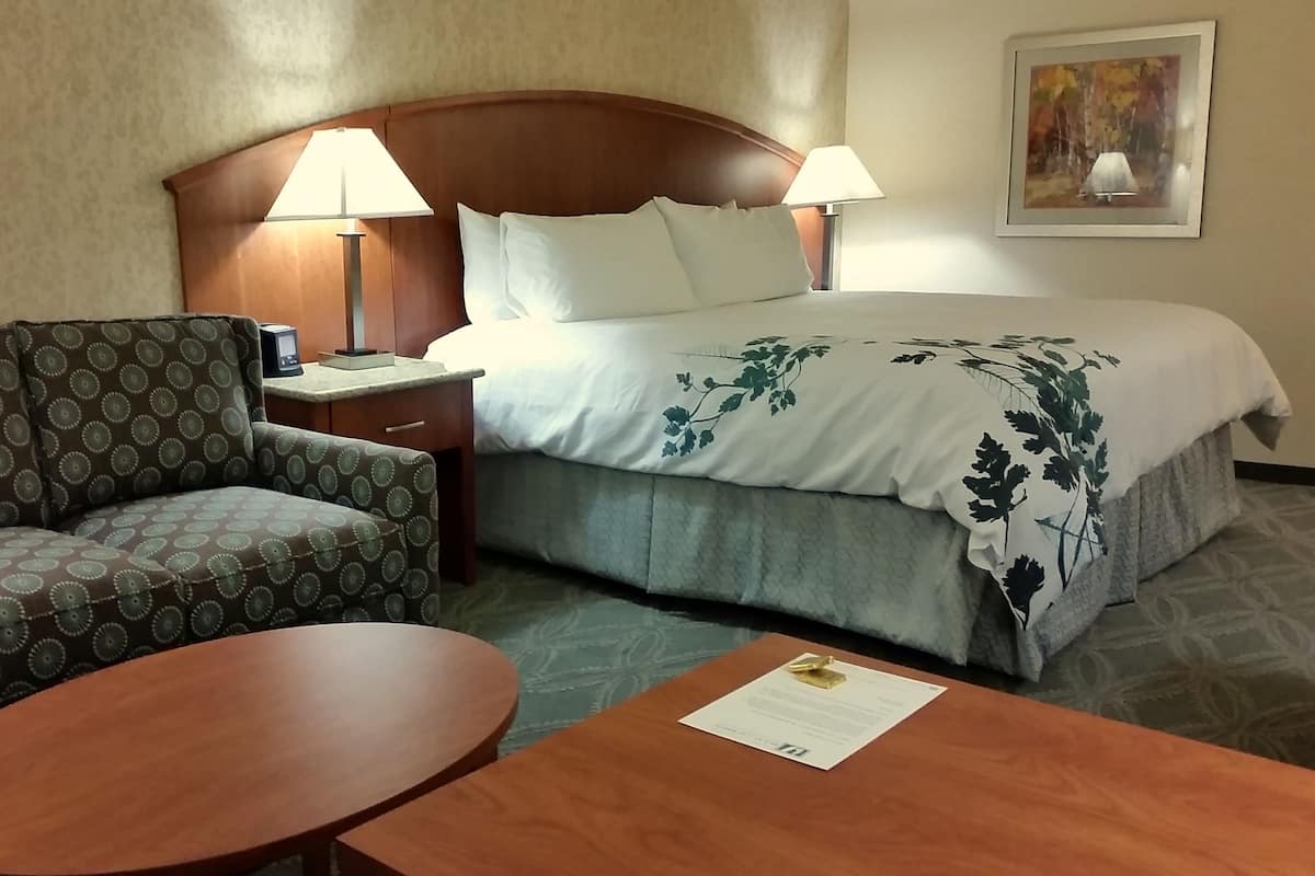A hotel room with a bed, a sofa, a nightstand, and a table.
