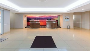 Zona de recepción de hotel con diseño moderno, que incluye un mostrador de recepción, un mural grande en la pared y un piso limpio con baldosas.