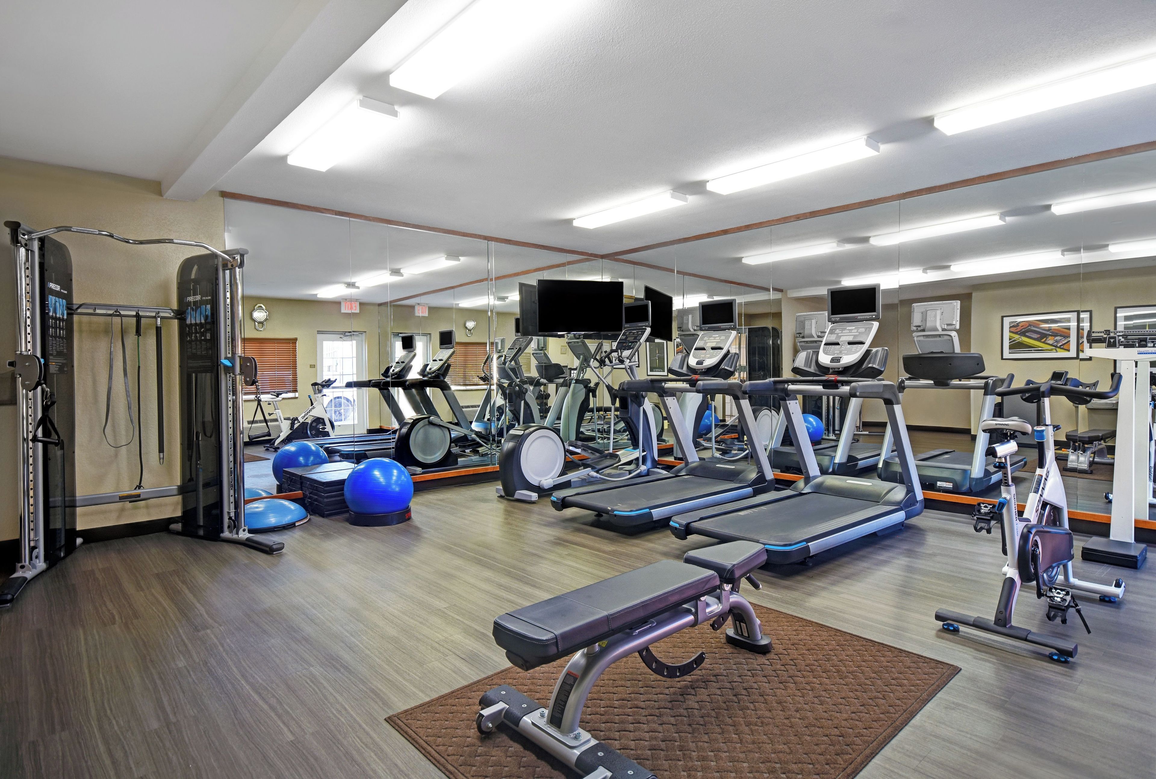 Een sportschool met loopbanden, fitnessballen en krachttoestellen.