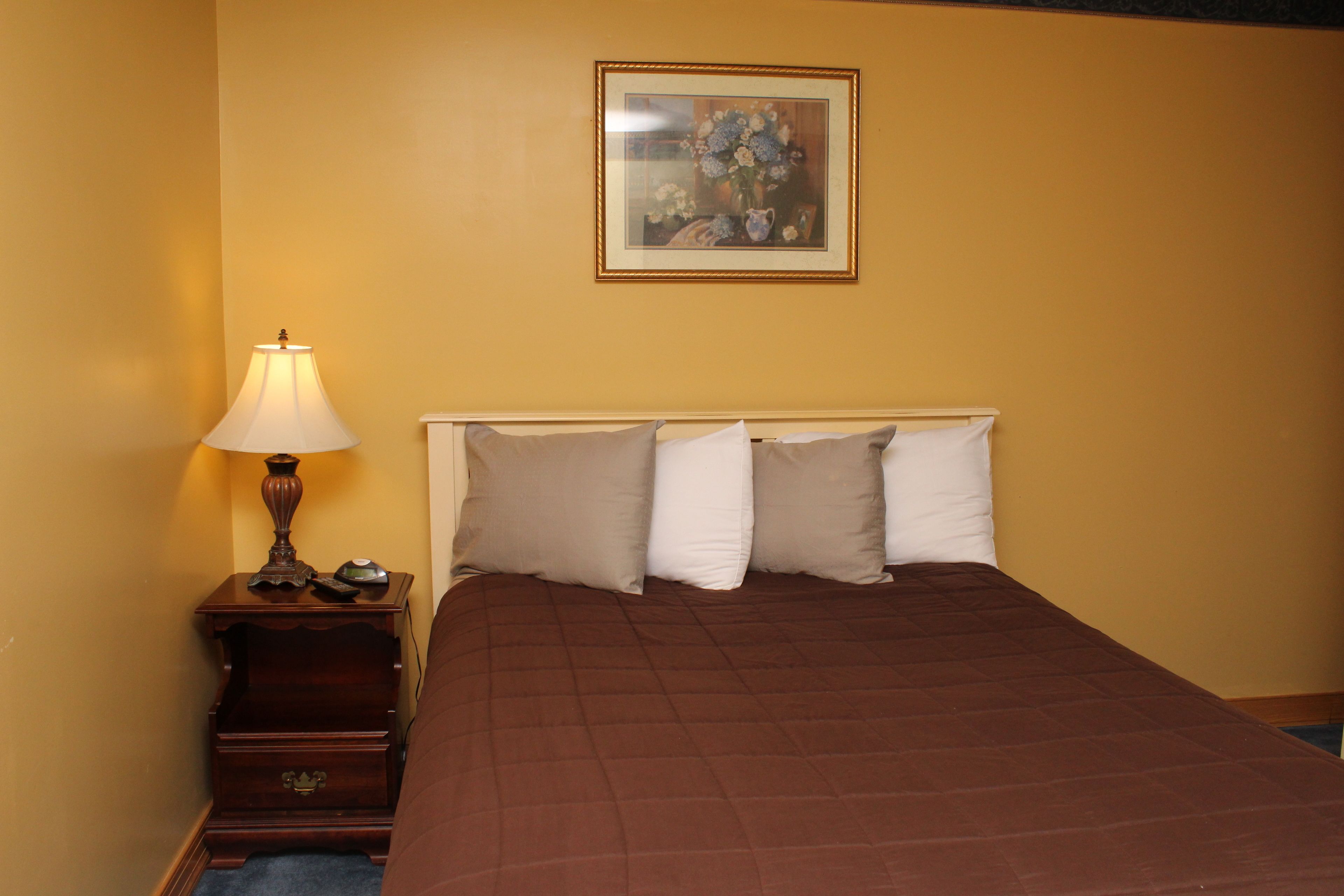 A bedroom with a bed, pillows, a nightstand, a lamp, and a framed picture on the wall.