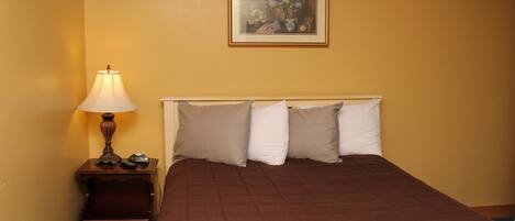 Une chambre à coucher avec un lit, des oreillers, une table de chevet, une lampe et un tableau encadré au mur.