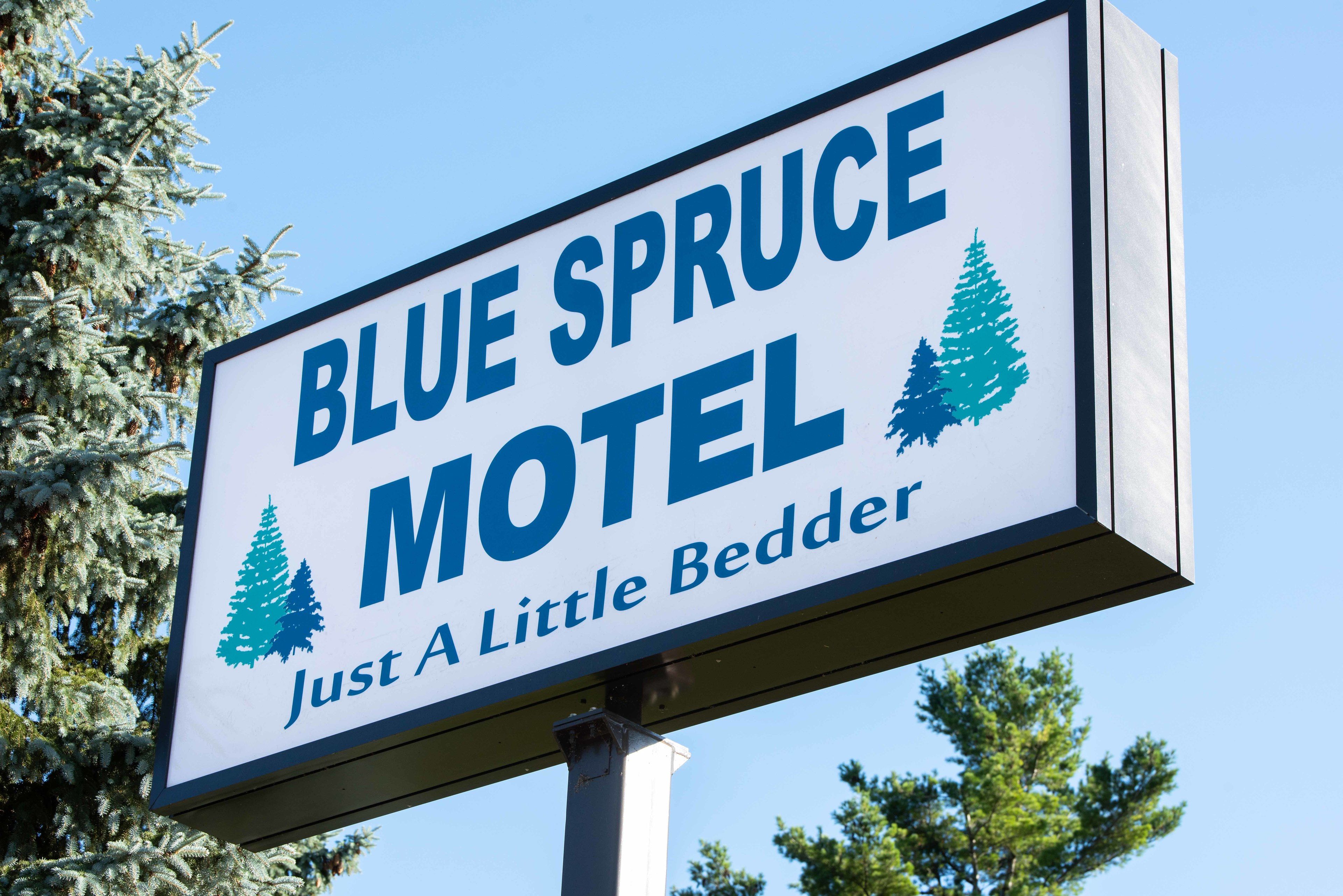 A sign for the Blue Spruce Motel with a mountain and pine tree graphic.