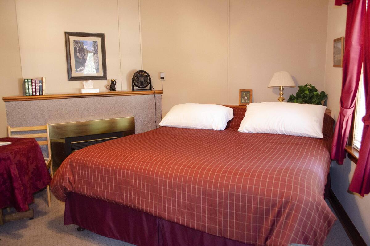 A hotel room with a bed, a desk, a chair, a lamp, a fan, and a picture on the wall.