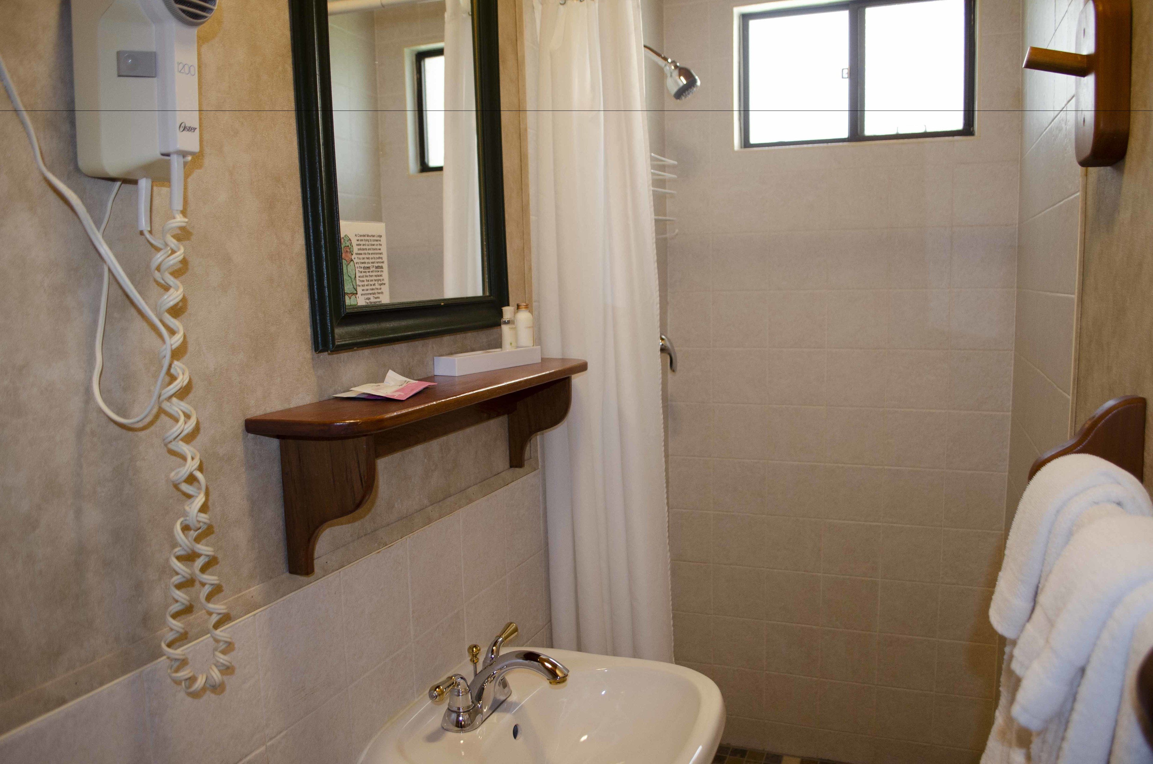 A bathroom with a sink, mirror, shower, and a hairdryer on the wall.