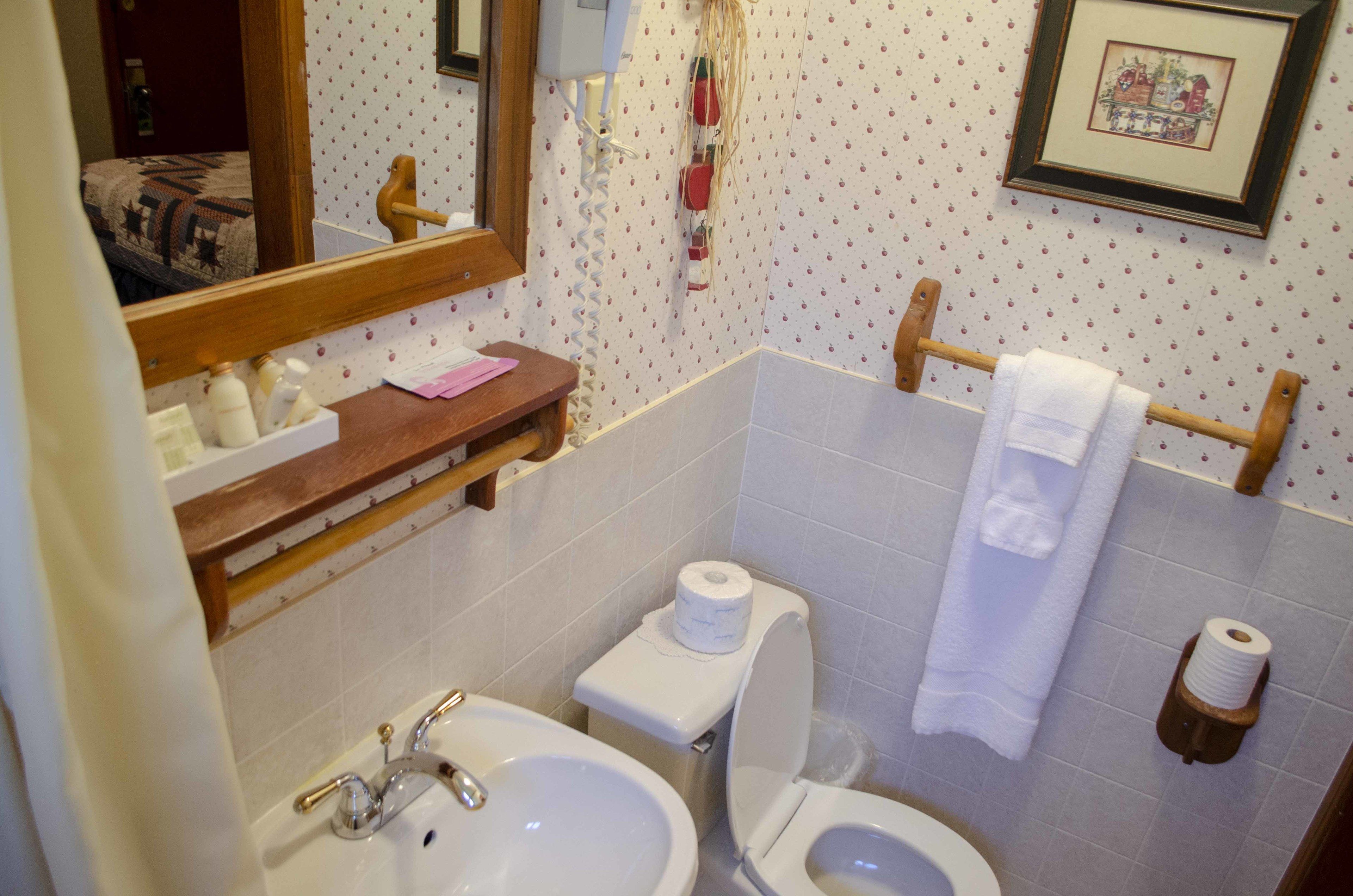 Une salle de bain équipée d’un lavabo, de toilettes et d’un porte-serviettes.