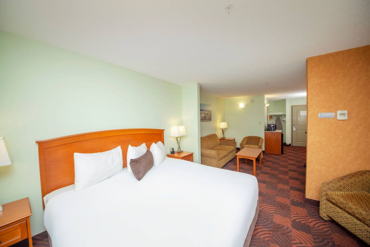 A hotel room with a large bed, a desk, a chair, and a sofa.