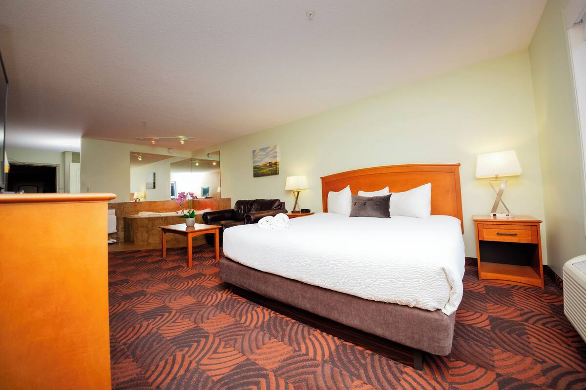 A hotel room with a large bed, a desk with a chair, a small table with a potted plant, a nightstand with a lamp, and a radiator.