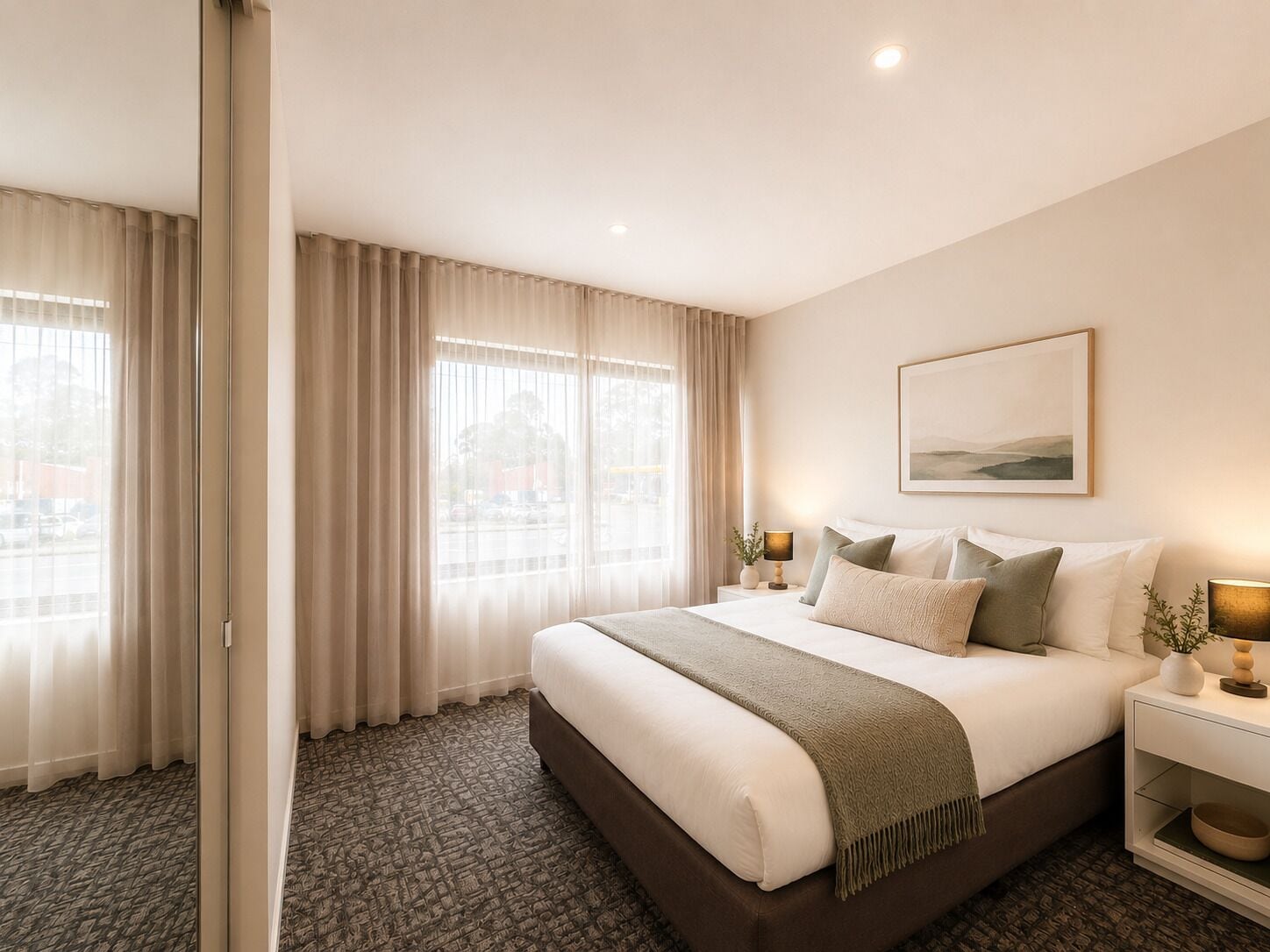 Habitación de hotel con una cama grande, dos mesitas de noche con lámparas, un cuadro en la pared y vistas a través de la ventana.