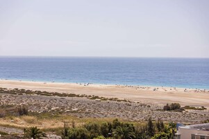 A beach with a sandy shore, sparse vegetation, and a clear view of the ocean.