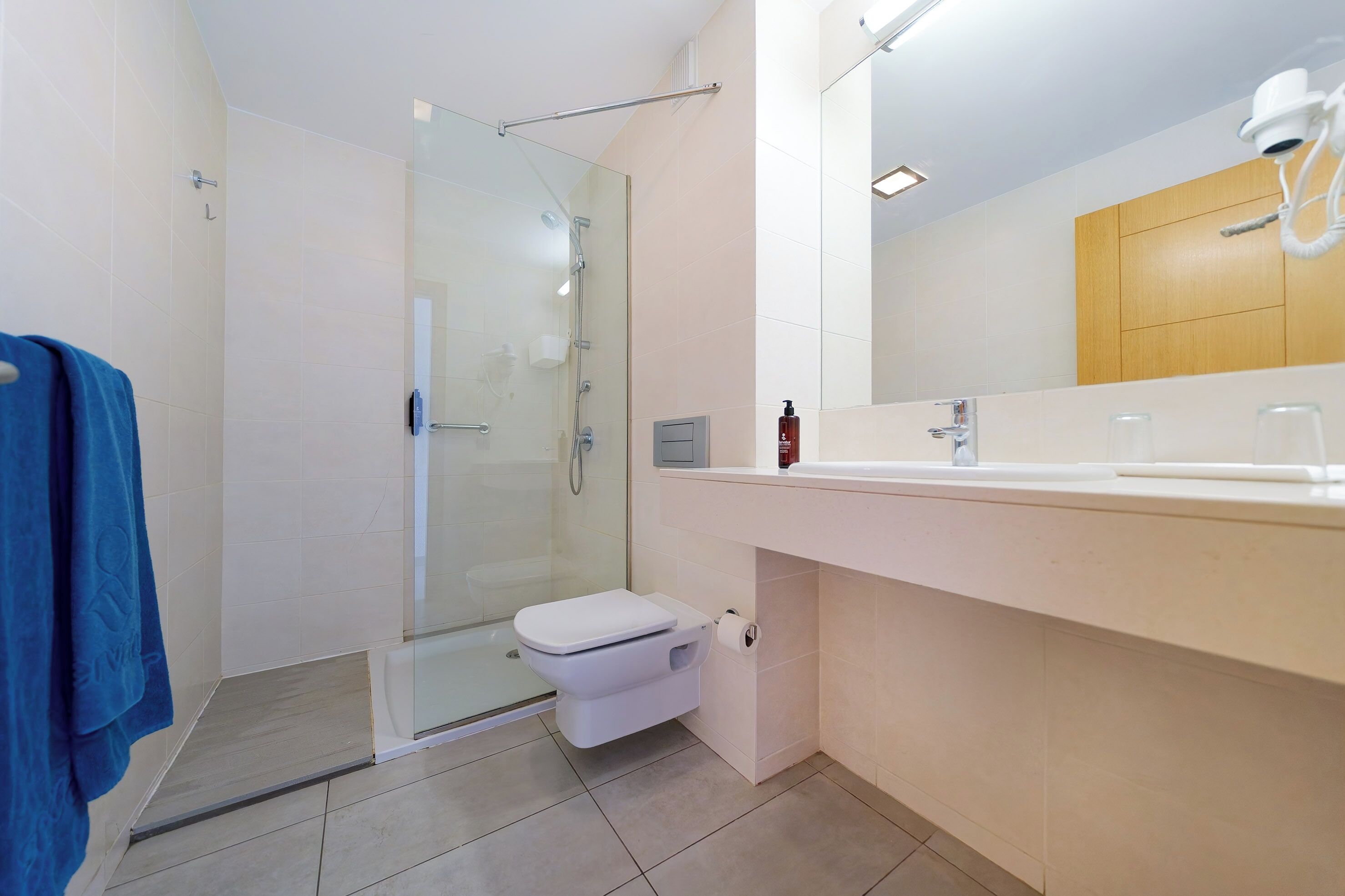 A modern bathroom with a glass shower enclosure, a white toilet, and a large mirror above a white sink.