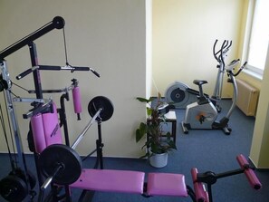 A home gym with a bench press, weight bench, and various exercise machines. - Central Hotel Pilsen (Plzen)