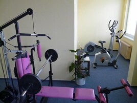 Uma academia em casa com um banco de supino, um banco para exercícios com pesos e diversos aparelhos de ginástica.