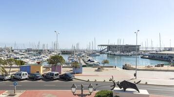 A marina with numerous boats docked, a modern building labeled 'BALEARIUM', and a street with parked cars and a pedestrian pathway.