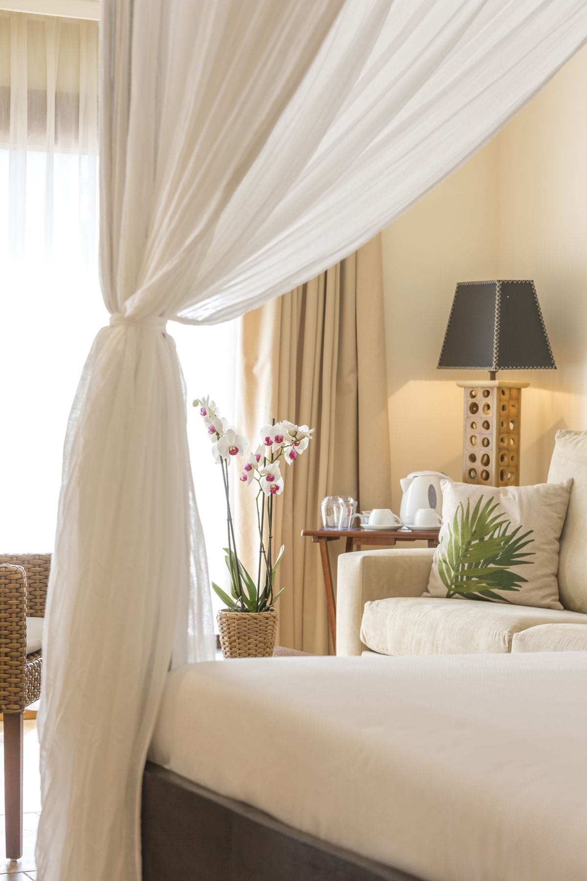 A hotel room with a bed, a bedside table with a lamp, a wicker chair, and a potted plant.