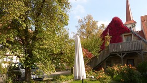 A garden patio with a table and chairs, a car parked nearby, and a building with a red ivy-covered wall in the background. - Landhotel Schwarzes Ross (Steinsfeld)