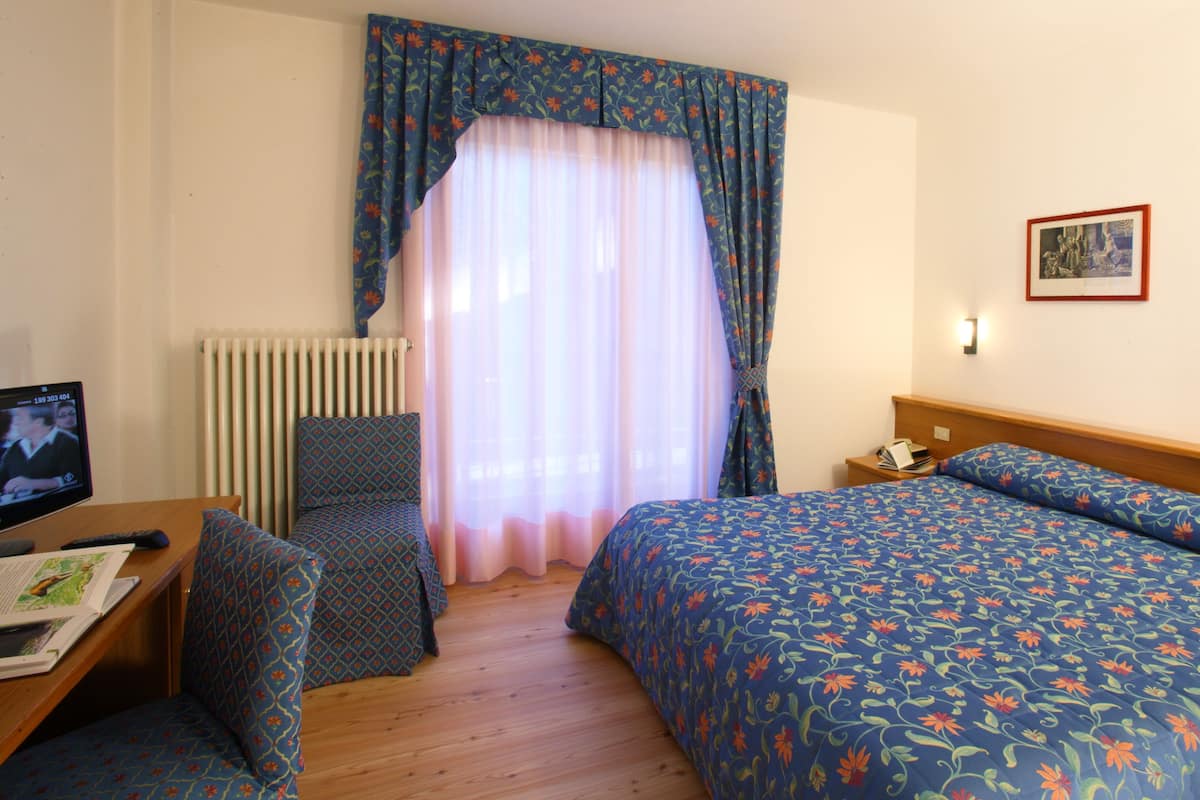 Une chambre d’hôtel avec un lit, une chaise, un bureau avec un ordinateur, un radiateur et un tableau au mur.