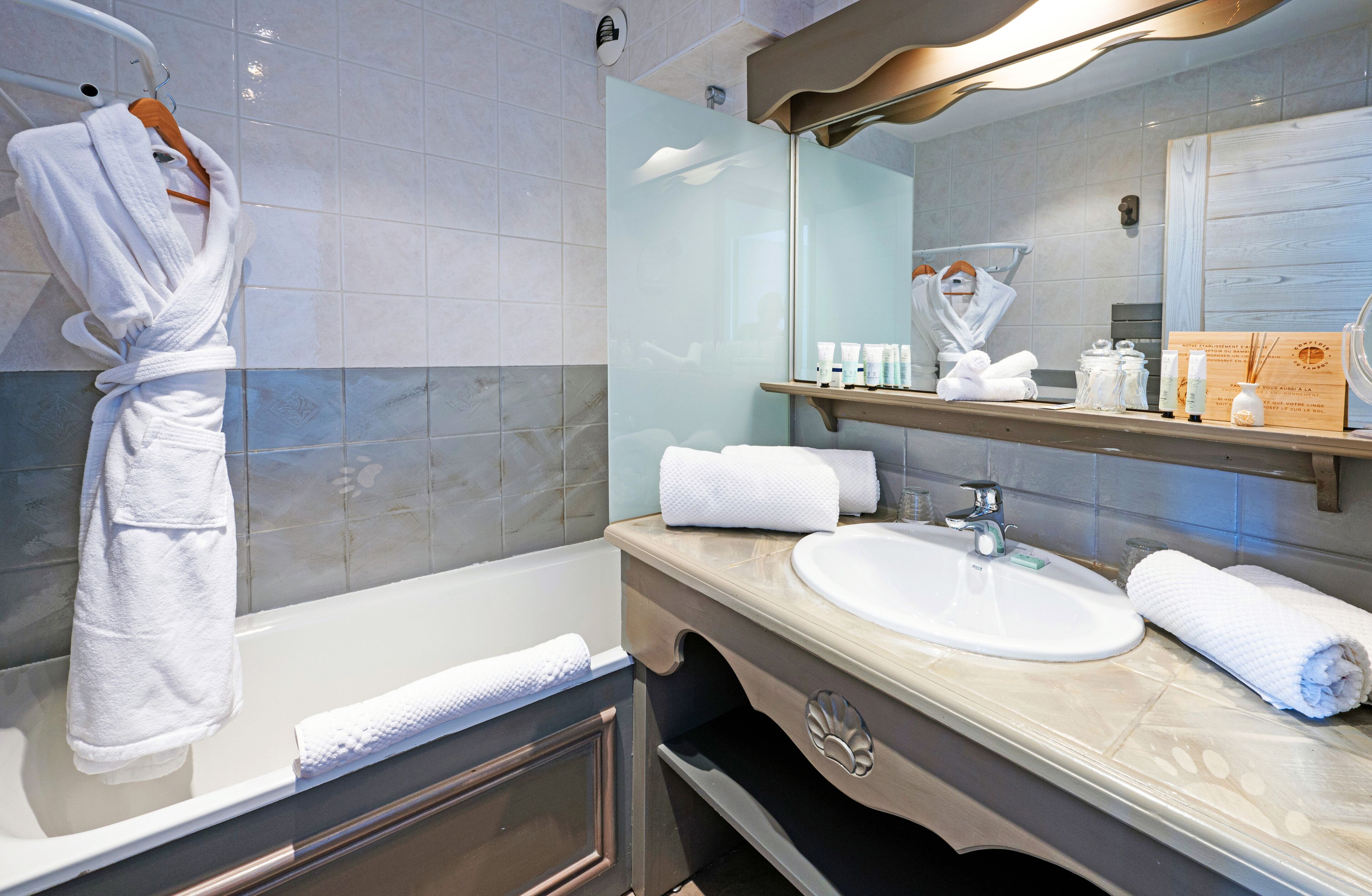 bathtub, free toiletries, hair dryer, bathrobes