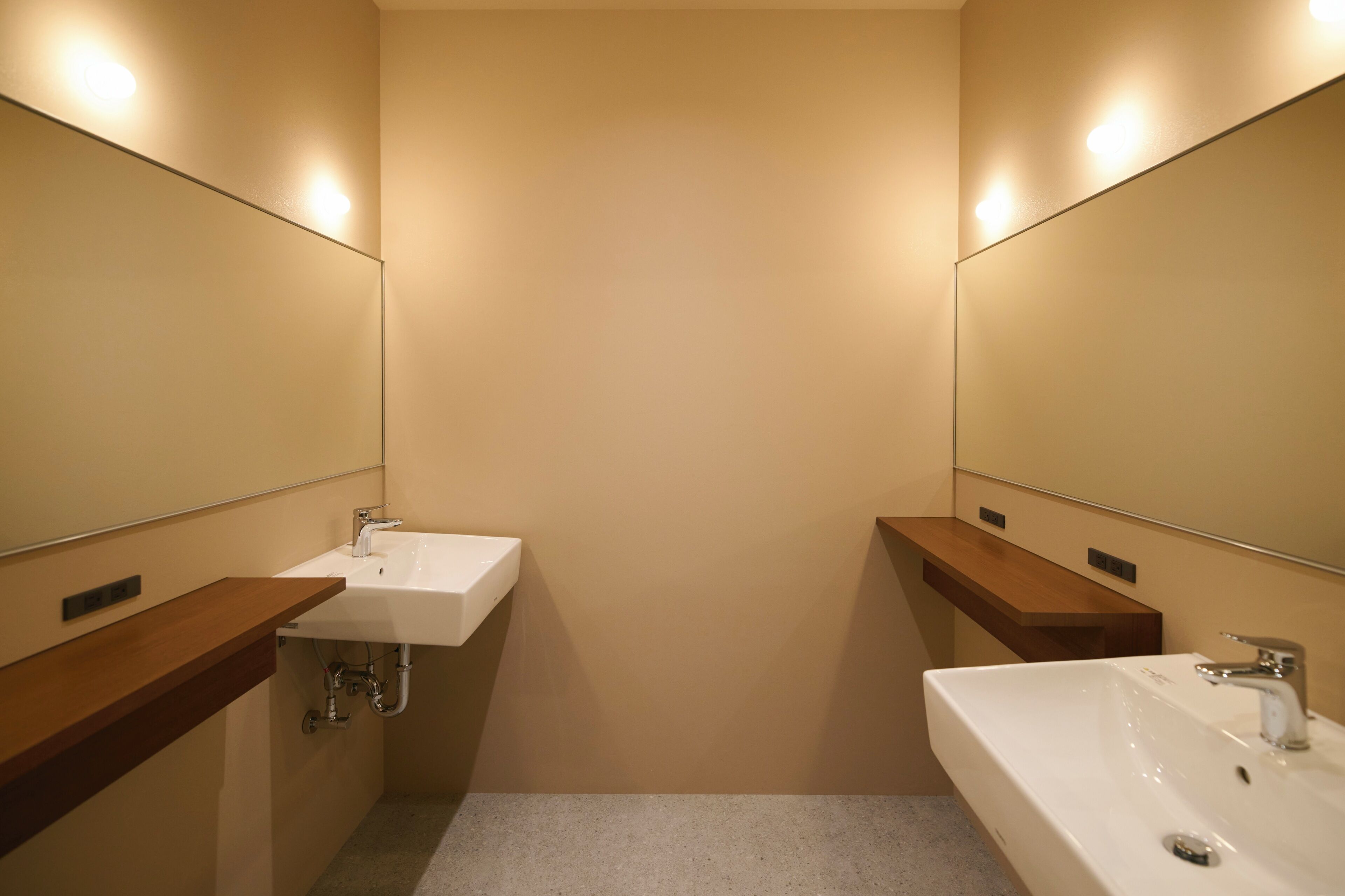 Une salle de bain avec deux lavabos, un miroir et un comptoir en bois.