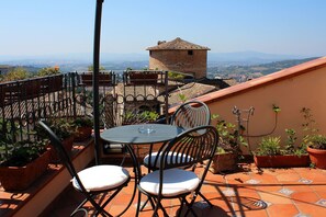 A terrace with a table and chairs, potted plants, and a view of distant buildings and mountains.
