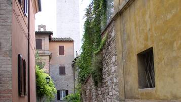 A narrow alleyway between buildings with stone walls and wooden shutters.