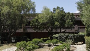 Un sendero de piedra que lleva a un edificio con techo de ladrillo, rodeado de arbustos y árboles bien cuidados.