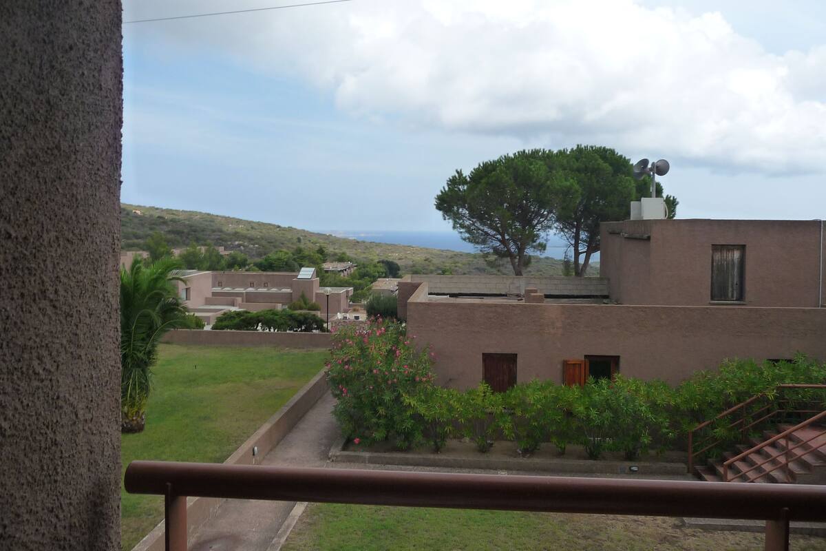 A residential area with buildings, a tree, and a view of the sea.