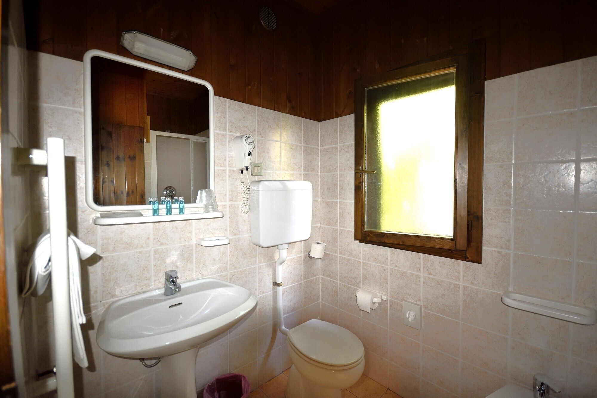 shower, hair dryer, bidet, towels