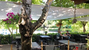 An outdoor patio area with tables and chairs, surrounded by trees and plants. - Garden Village San Marino (Borgo Maggiore)