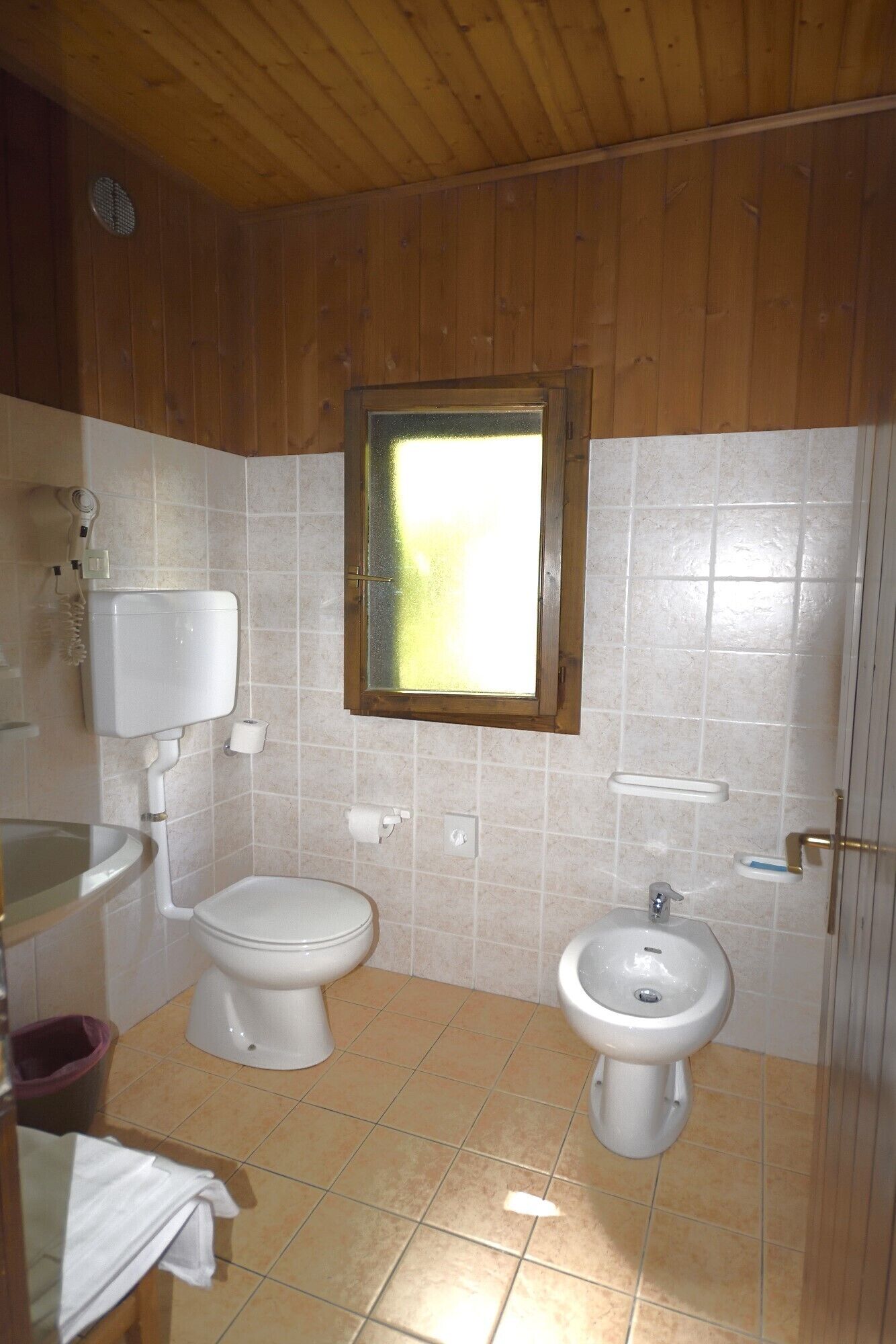 shower, hair dryer, bidet, towels