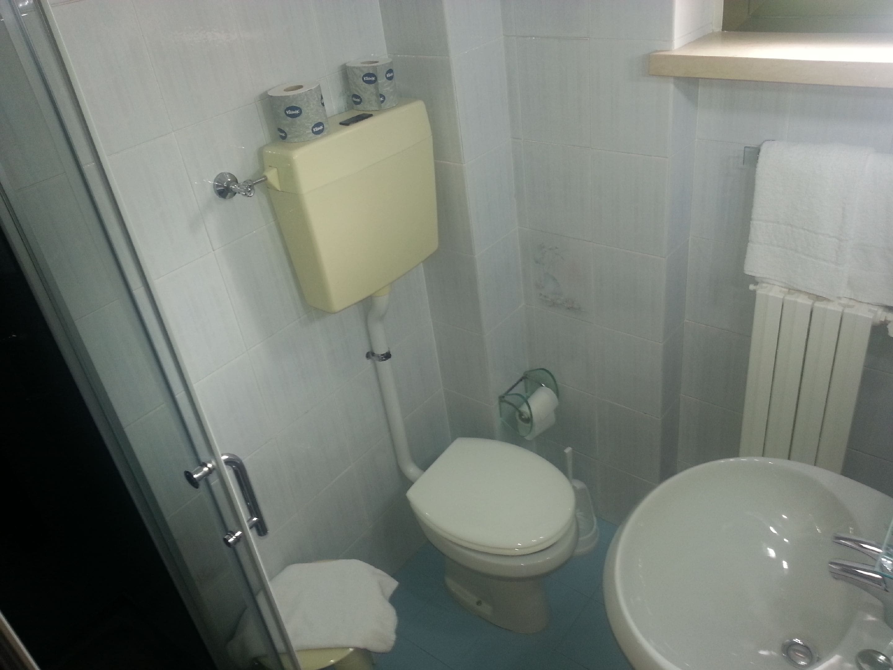 Ein Badezimmer mit Toilette, Waschbecken und Dusche.