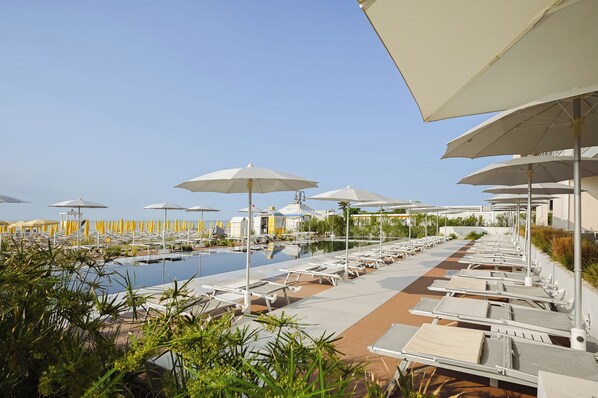 Seasonal outdoor pool, pool umbrellas, pool loungers