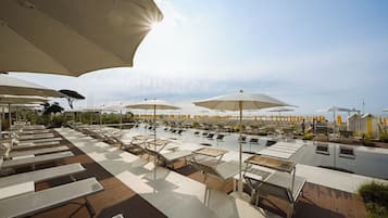 Piscina stagionale all'aperto, ombrelloni da piscina, lettini