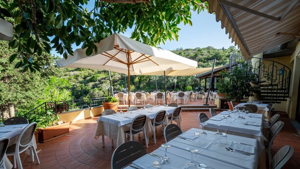 Un área de comedor al aire libre con mesas y sillas, rodeada de follaje y una vista panorámica.