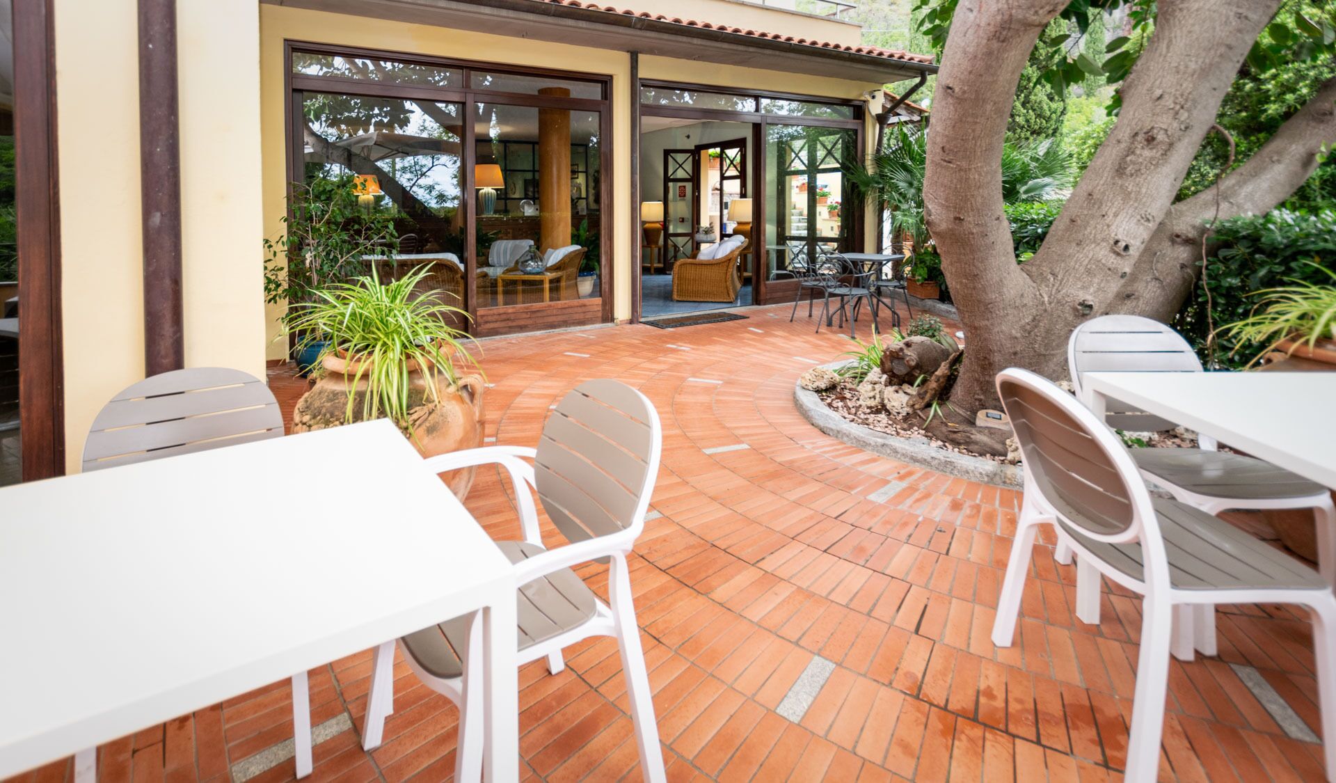 Un espace extérieur aménagé en terrasse, avec des tables et des chaises blanches, un grand arbre et une vue sur l’intérieur à travers des portes vitrées.