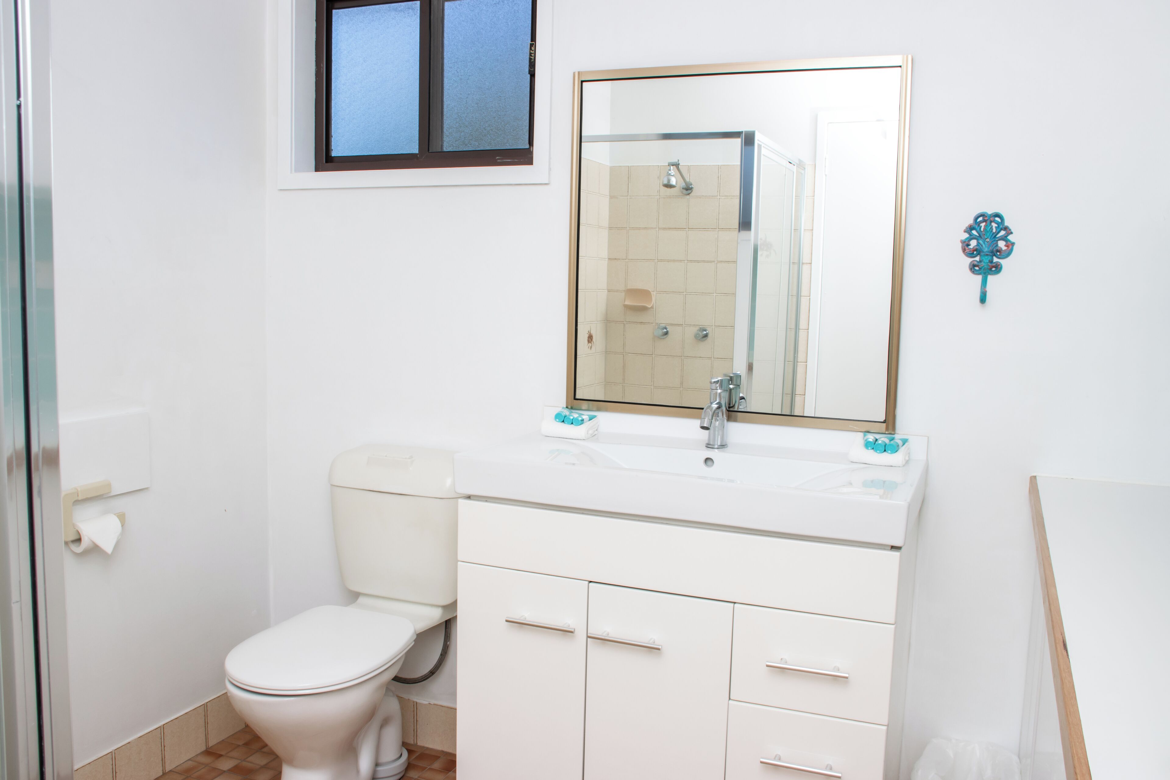 A bathroom with a toilet, a sink with a mirror, and a shower.