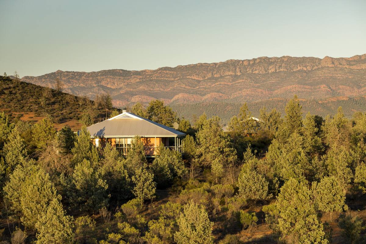 A house surrounded by dense forest with a mountainous backdrop.